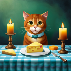 An image of a cat sitting at a table, with a small plate of swiss cheese in front, looking curiously at it