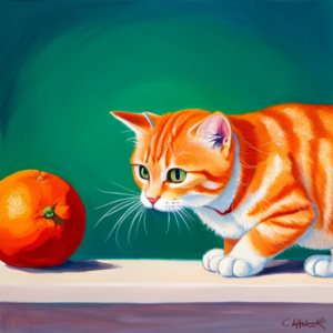 An image of a cat curiously sniffing a sliced tangerine, with a clear division showing a green "safe" side and a red "danger" side, illustrating the caution needed when feeding cats tangerines