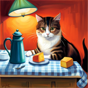 Ate a cat sitting at a kitchen table with a small plate of cheddar cheese in front, curiously sniffing the cheese