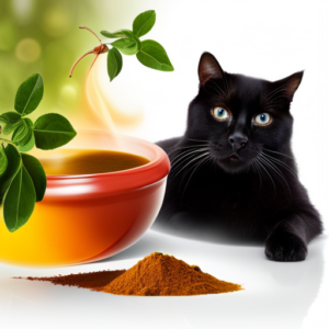 An image of a curious cat sniffing a colorful bowl of curry, surrounded by a few scattered curry leaves and spices, with a question mark shaped smoke trail rising from the bowl