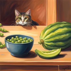 Ate a cat skeptically sniffing a sliced open bitter melon, with a small piece in a bowl nearby, set against a cozy kitchen background