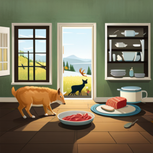 Ate a serene kitchen scene with a cat eating deer meat from a bowl on the floor, while a person prepares more meat on a counter, with a window view of deer in a forest backdrop