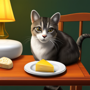 Itting at a small dining table, elegantly nibbling on a slice of Gouda cheese, with a cheese wheel nearby
