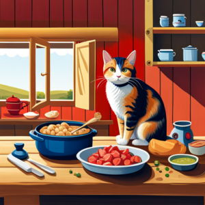 N image featuring a small, cozy kitchen scene with a cat sitting upright at a wooden table