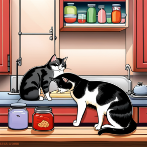 Ate a cozy kitchen scene with a person offering a small plate of kimchi to a curious cat, while another cat sniffs a kimchi jar on the counter
