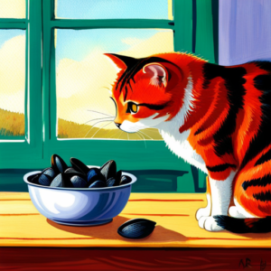 Uriously sniffing a small bowl filled with cooked mussels, in a cozy kitchen setting