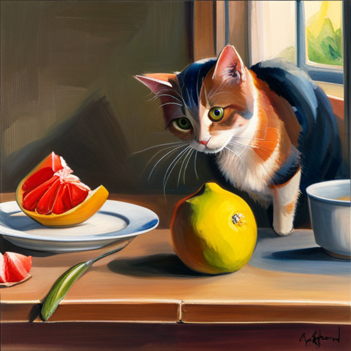 An image of a cat curiously sniffing a sliced open pomelo on a kitchen table, with a small piece of the fruit gently offered to it by a human hand