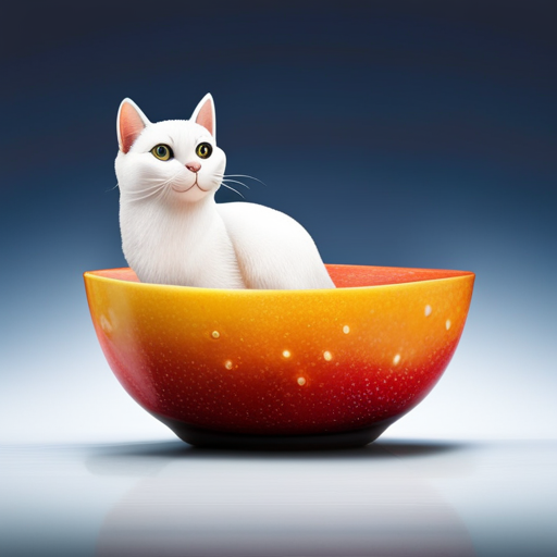 Ate a cat curiously licking sherbet from a small, shallow bowl, with its tail playfully curled