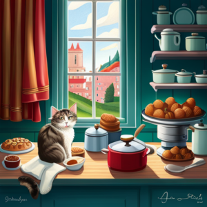 Ate a cozy kitchen scene with a cat elegantly perched on a chair, a person offering a small truffle on a silver spoon towards the cat, and an open truffle box on the table