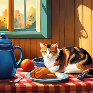 An image of a cat contently eating a turkey neck on a pet-friendly dish, with a water bowl nearby, all set against a cozy kitchen background