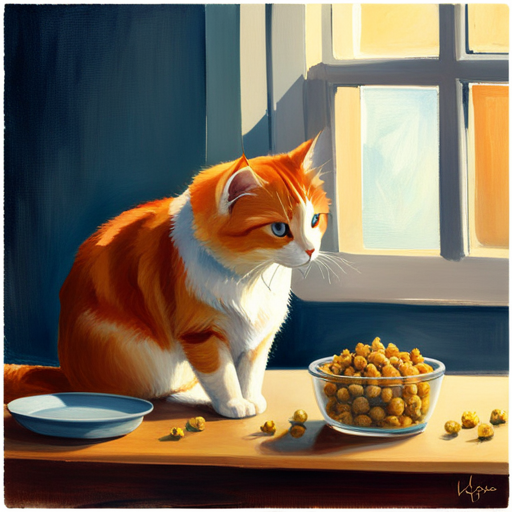 An image featuring a cat eagerly looking at a small bowl filled with golden-brown fried okra pieces, on a kitchen counter beside a window with sunlight streaming in