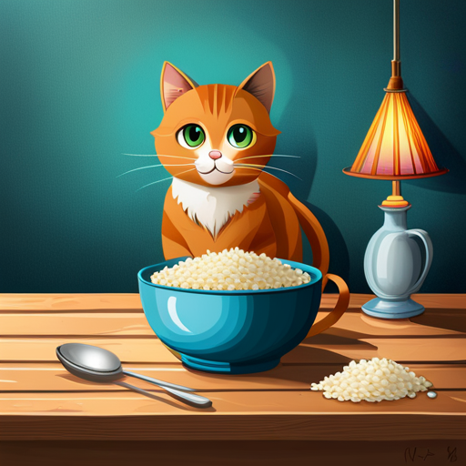 An image of a cat sitting at a small dining table, with a bowl of basmati rice in front of it, and a question mark composed of rice grains floating above the bowl