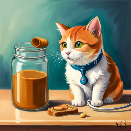 An image featuring a cat curiously sniffing an open jar of crunchy peanut butter, with a paw reaching out, set against a kitchen background