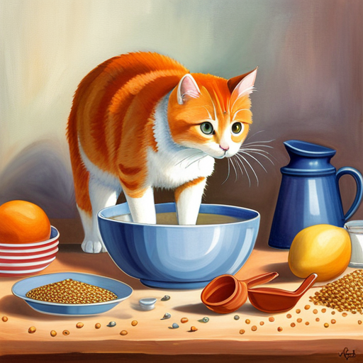 Ate a curious cat sniffing a small bowl filled with cooked farro, amidst a backdrop of scattered farro grains and cat toys, highlighting the cat's interest and the food's natural, wholesome appearance
