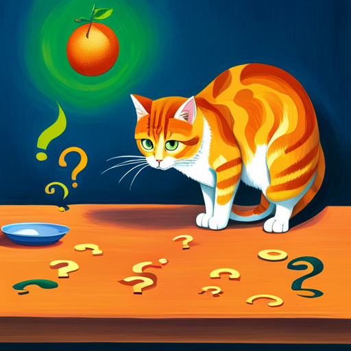 Ate a curious cat sniffing a cut-open passion fruit on a kitchen table, with a cautious expression, surrounded by small, colorful question marks floating in the air to symbolize uncertainty and inquiry