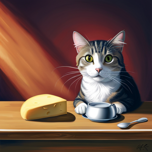An image featuring a cat curiously sniffing a small piece of provolone cheese on a wooden kitchen table, with a question mark shaped shadow cast on the table