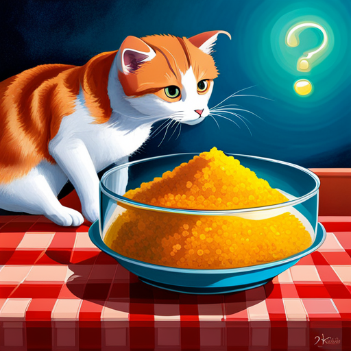 An image featuring a cat curiously sniffing a small bowl of yellow rice, with a question mark above its head, all set against a cozy kitchen background
