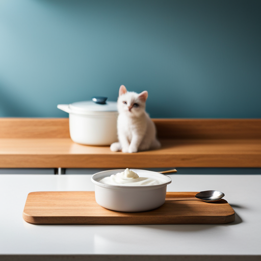 An image featuring a cat sitting at a kitchen table, with a small bowl of plain Greek yogurt in front of it, and a spoon beside the bowl