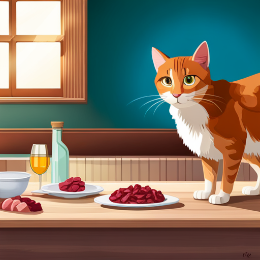 Ate a sleek, attentive cat sniffing a small, neatly arranged pile of raw venison chunks on a clean, light wooden surface, with a soft, warm kitchen background subtly suggesting a caring, home-prepared meal scenario