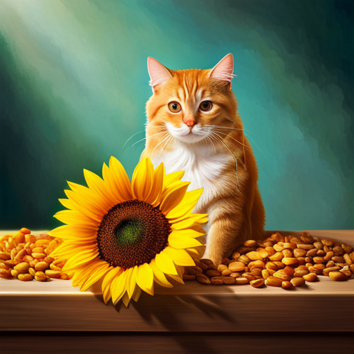 Ate a golden sunflower with its seeds visibly transitioning into a shiny drop of oil, next to a content cat with a glossy coat, all set against a background suggesting health and vitality