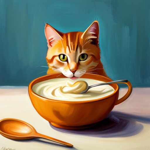 N image featuring a small, content cat licking its whiskers beside a delicate bowl filled with creamy vanilla pudding, surrounded by vanilla beans and a whisk on a soft, sunlit kitchen countertop