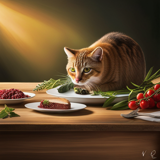 An image featuring a sleek cat eagerly nibbling on a small, elegantly plated piece of venison, with a backdrop of assorted wild herbs, under soft, warm lighting