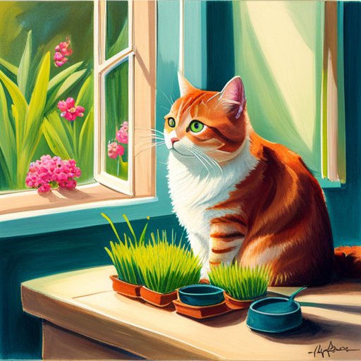 Ate a serene indoor scene with a cat contentedly nibbling on a small, lush pot of vibrant green wheatgrass, placed by a sunny window, with a couple of playful butterflies fluttering nearby